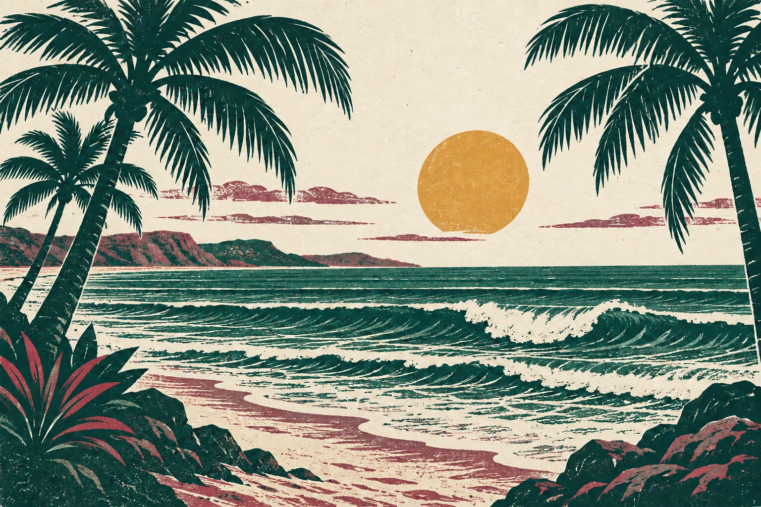 Ilustração de coqueiros e ondas em uma paisagem tropical